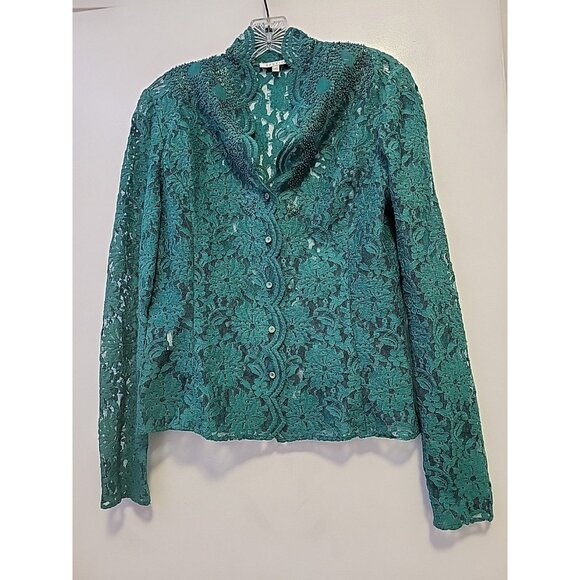 Armand Ventilo Lace Beaded Floral Blazer Scalloped Detail EU 40 US 10 Green - Picture 1 of 6